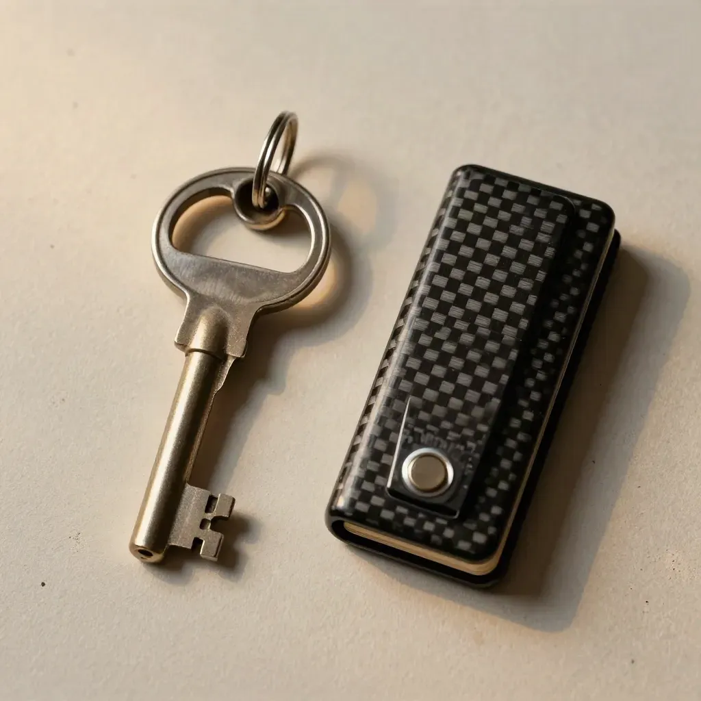 Brass vault key ring, seal press, cash clip and ledger weight on pale plaster.