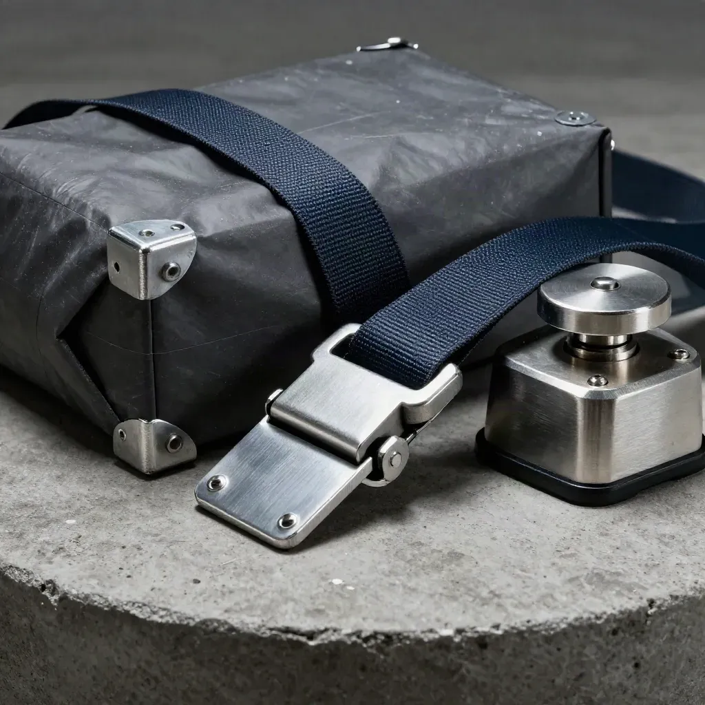 Logistics still life with a freight seal, buckle, corner guard, and parcel scale on concrete.