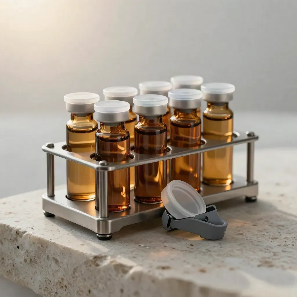 Amber sample vials in a stainless rack with frosted lids and a gray clamp on pale stone.