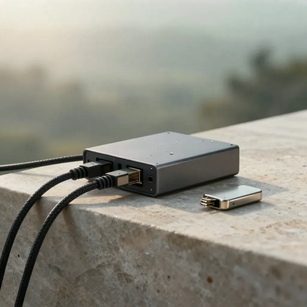 Geo Detector hardware kit with GNSS pucks, gateway, braided leads, and a metal token on stone.