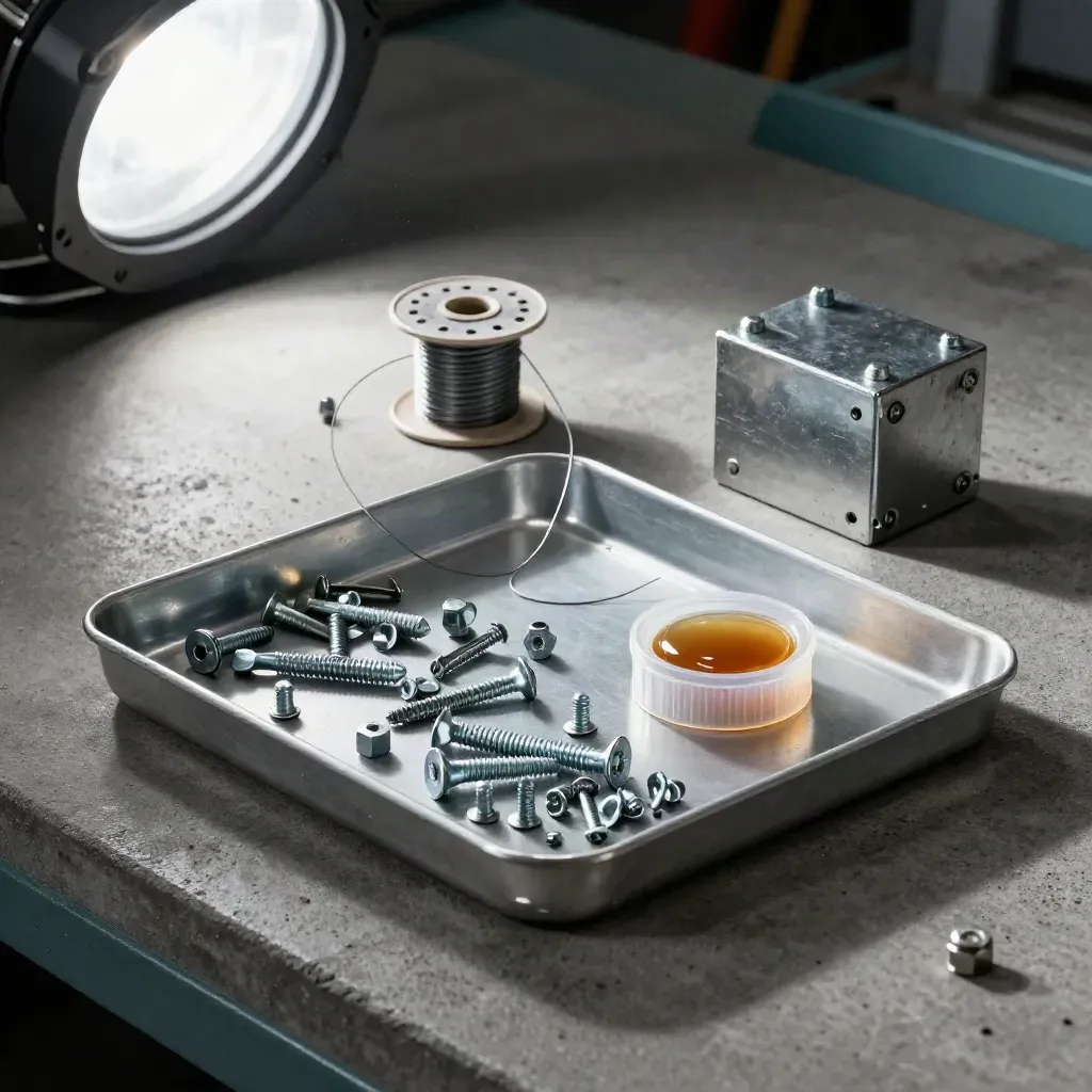 Aviation fastener tray, safety-wire spool, sealant cap, and rivet block on graphite concrete.