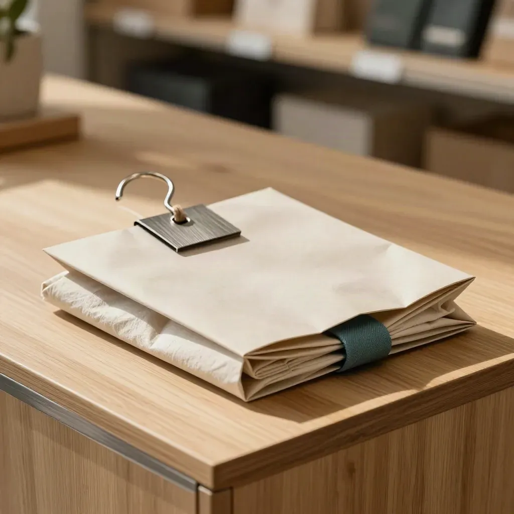 Top-down retail packaging still life with tissue, hanger hook, linen loop, and paper sleeve.