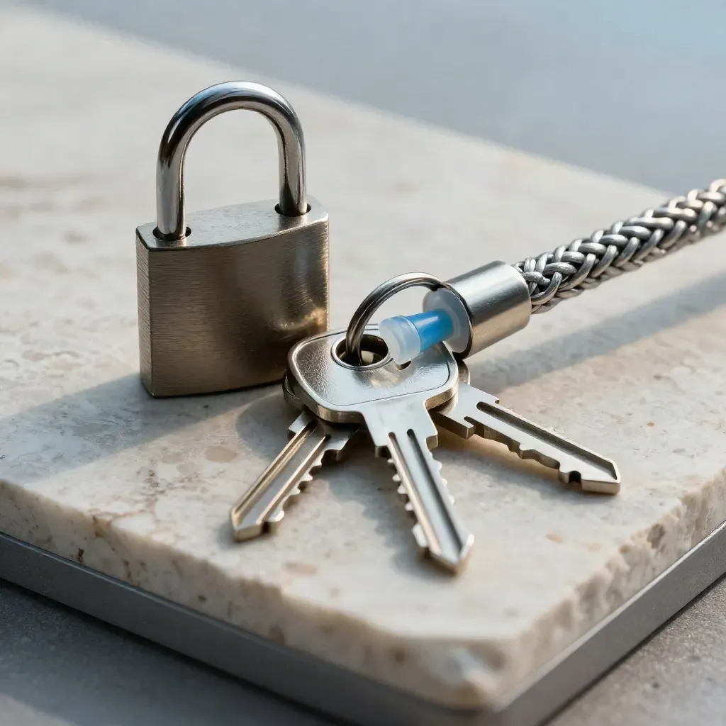 Macro still life of security keys, padlock, tamper seal and cable end on pale stone.