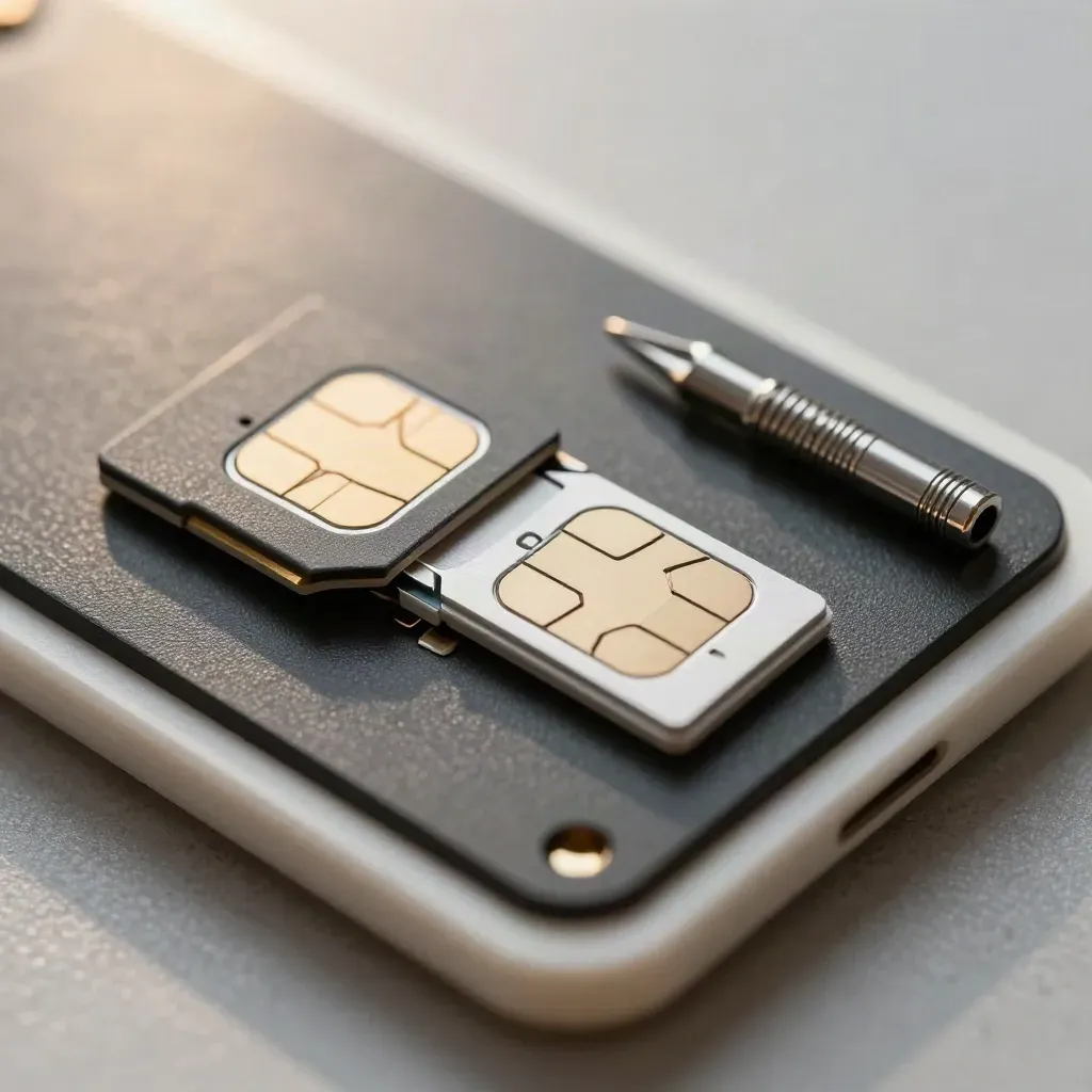 Top-down macro of nano-SIM cards, modem module and torx tip on a graphite service mat.