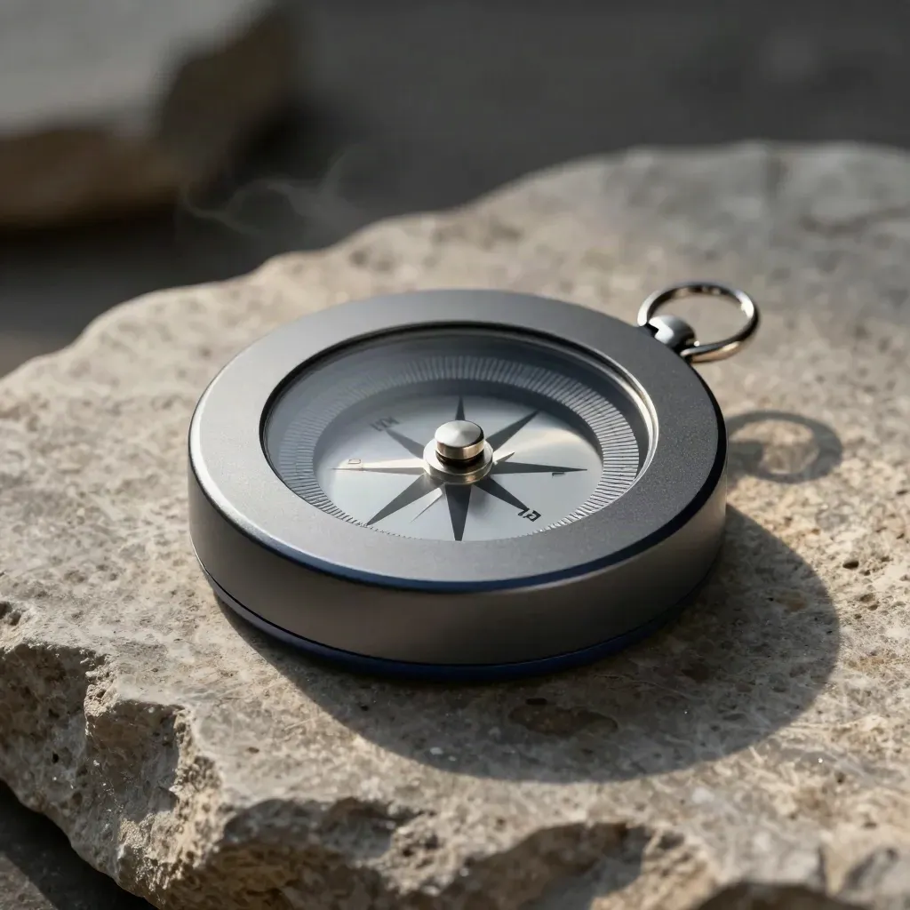 GNSS puck, compass disc, and spacer ring on pale stone with dramatic studio light