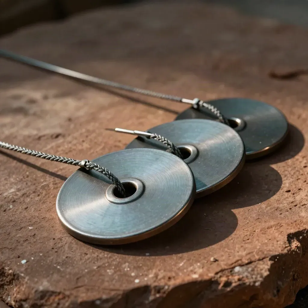 Three steel tracking discs and a route pin on terracotta clay, lit by raking light.