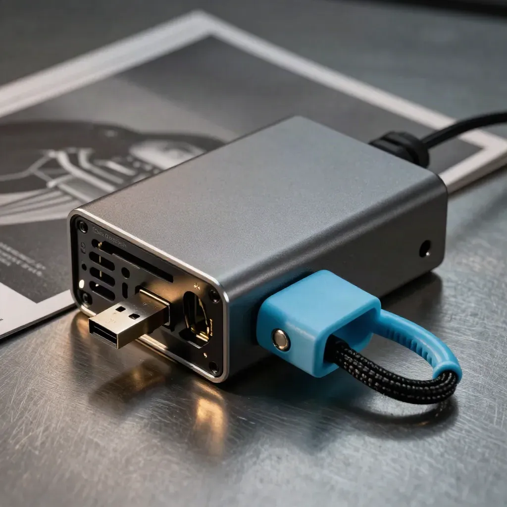 Firewall appliance, encrypted USB key, and cable lock on brushed metal.