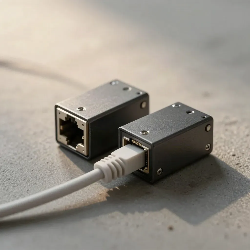 Macro of relay modules bridged by a short patch lead on a graphite surface.