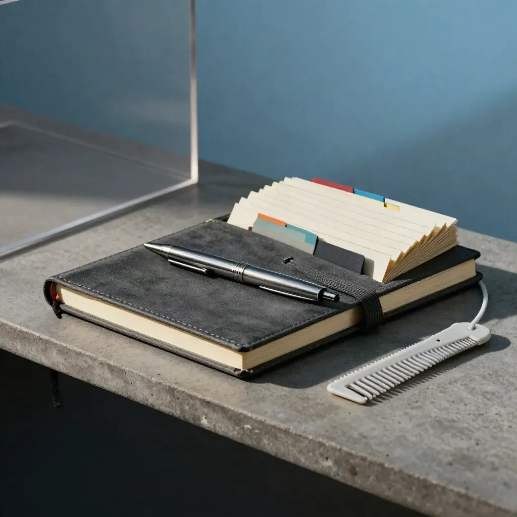 Field notebook, pen, tabbed cards and cable comb on a concrete shelf