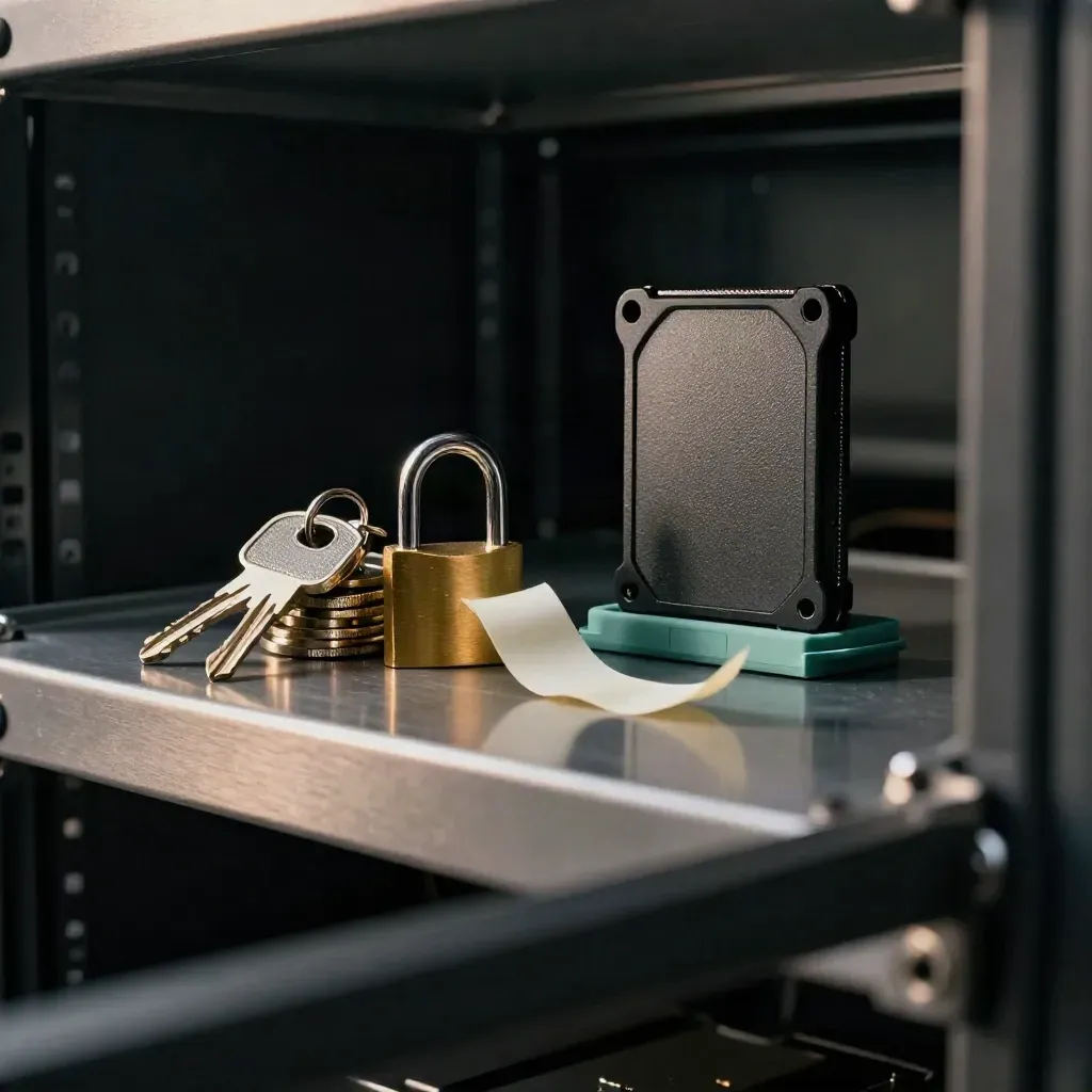 Secure keys, padlock, tamper strip, and shielded SSD on a rack shelf