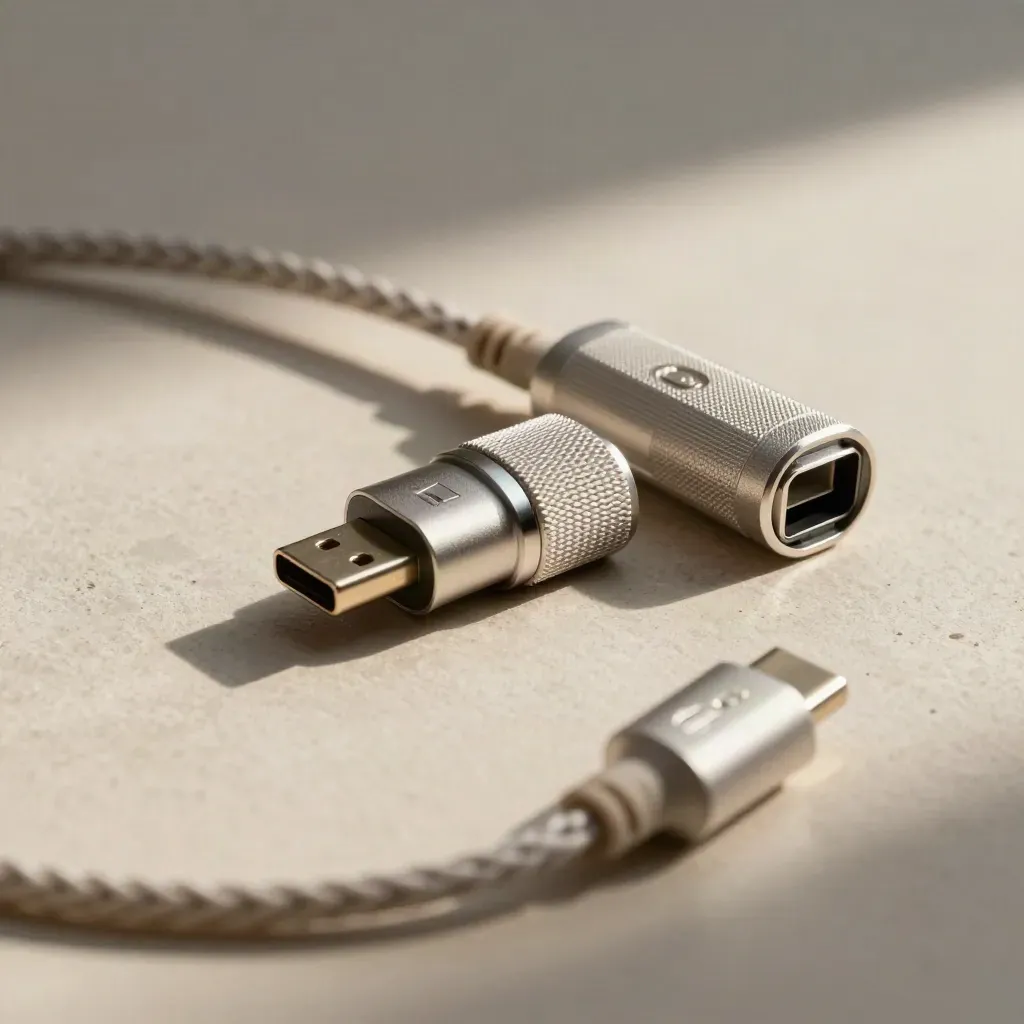 Top-down close-up of a USB-C debug dongle, serial adapter, braided cable and machined hub block on pale stone.