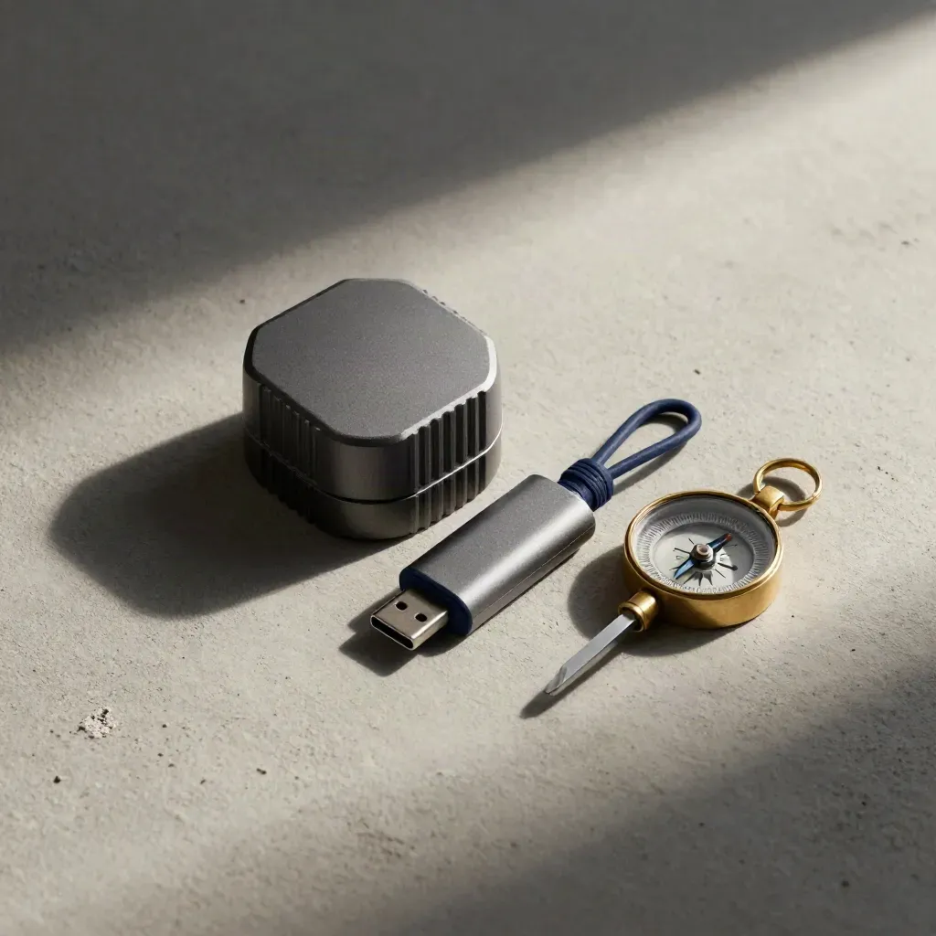 GNSS puck, USB-C location dongle, and calibration compass on pale plaster, top-down.