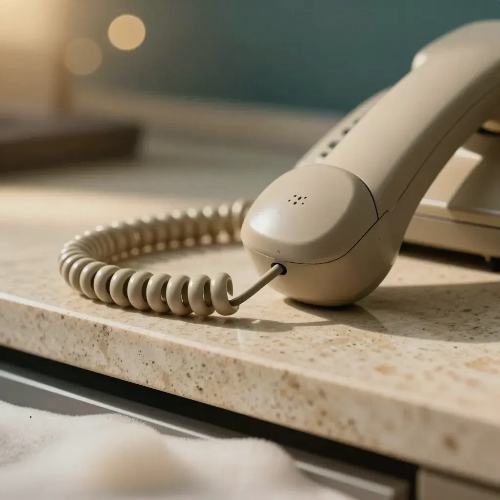 Macro of a desk phone handset settling into its cradle beside braided cable and call button puck