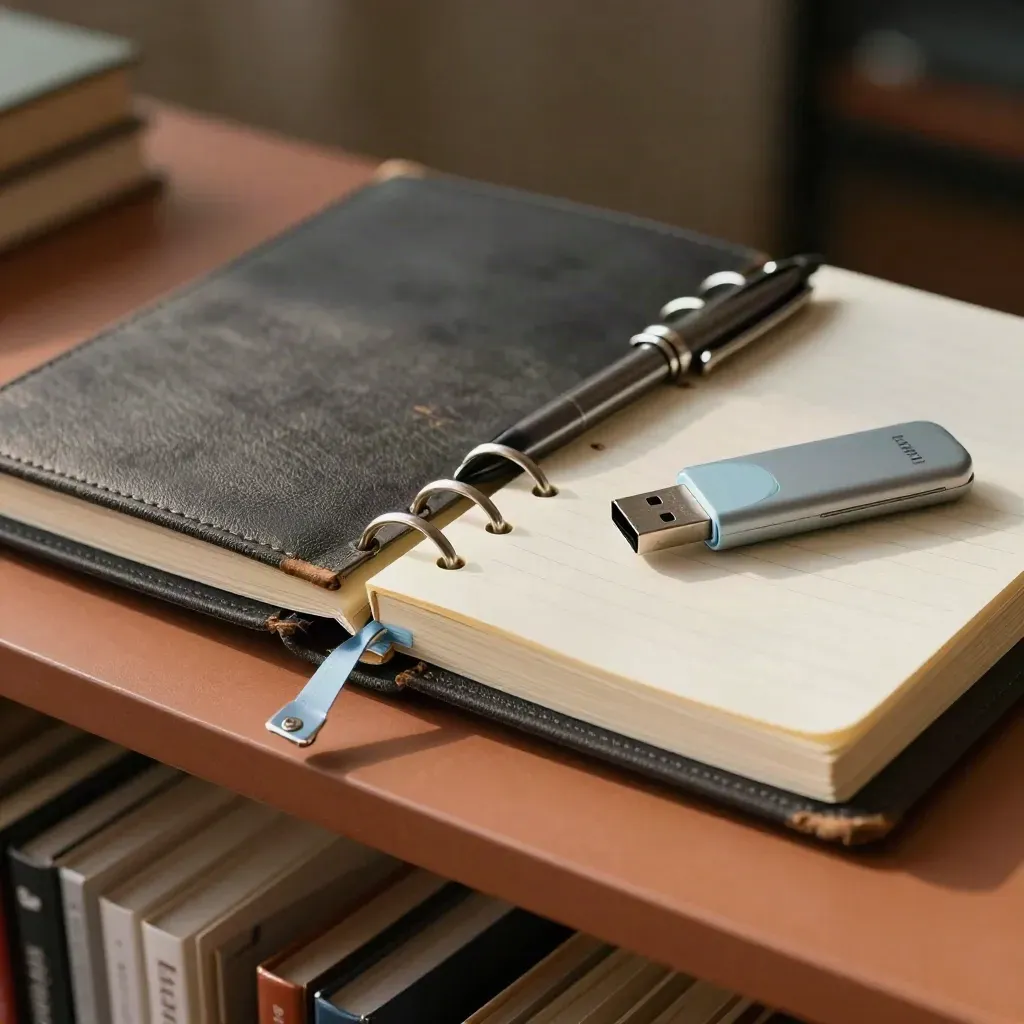 Closed binder, clips, pen, USB drive and notebook on a terracotta shelf with soft light.