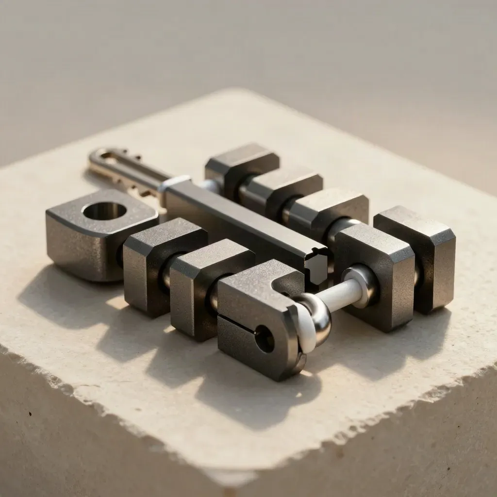 Graphite connector blocks, steel rings, and a white bridge piece on brushed stone