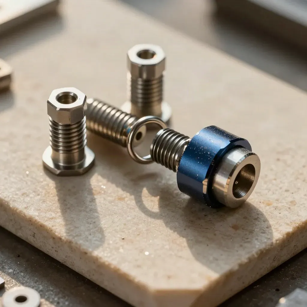 Top-down macro of precision metal standoffs, split ring and coupling sleeve on limestone.
