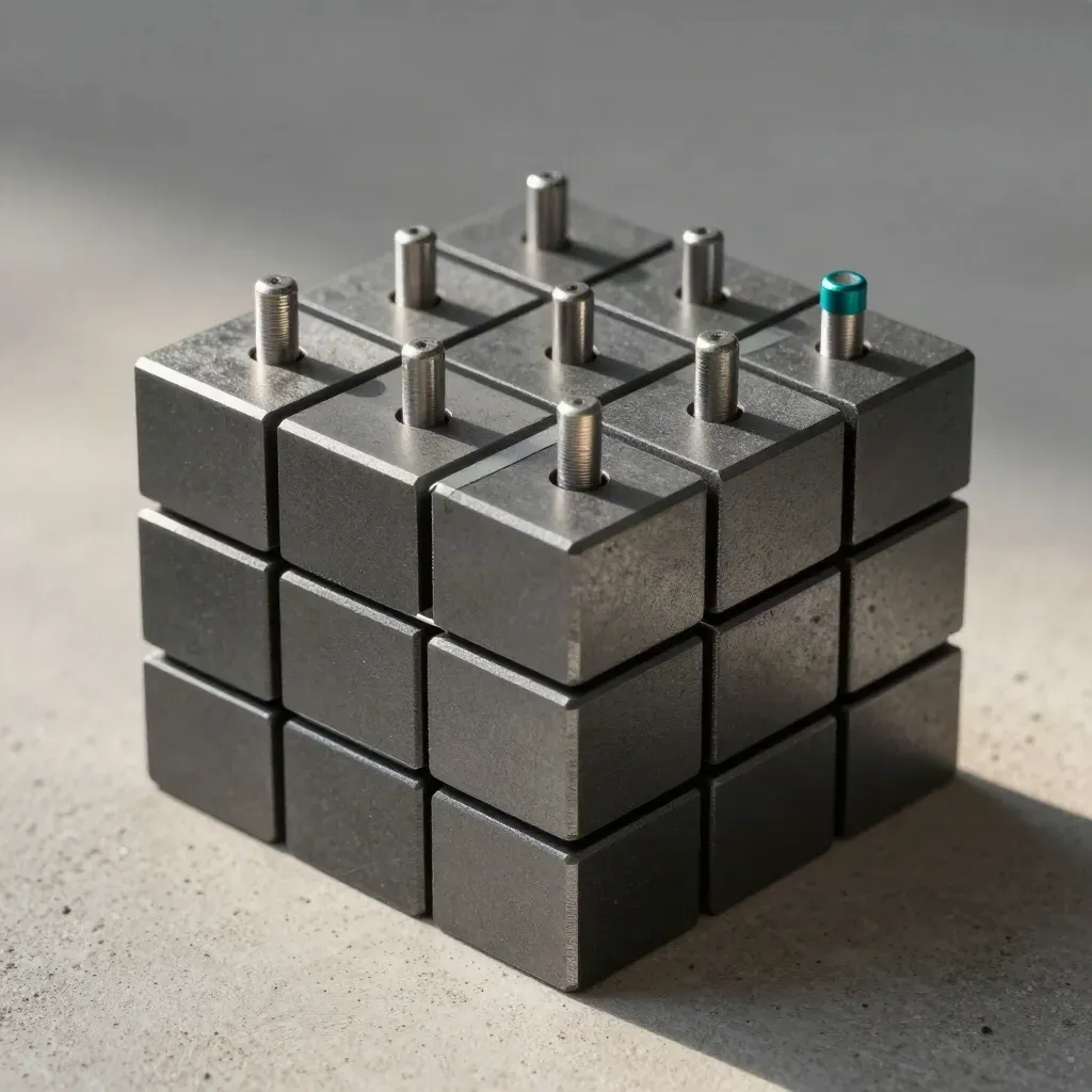 Graphite blocks, pins, and a spacer wedge locked on pale concrete with teal accent