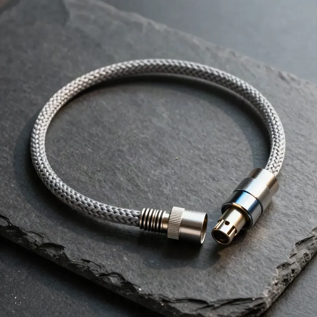 Top-down flat lay of network connectors and braided cable on dark stone with sky-blue detail.