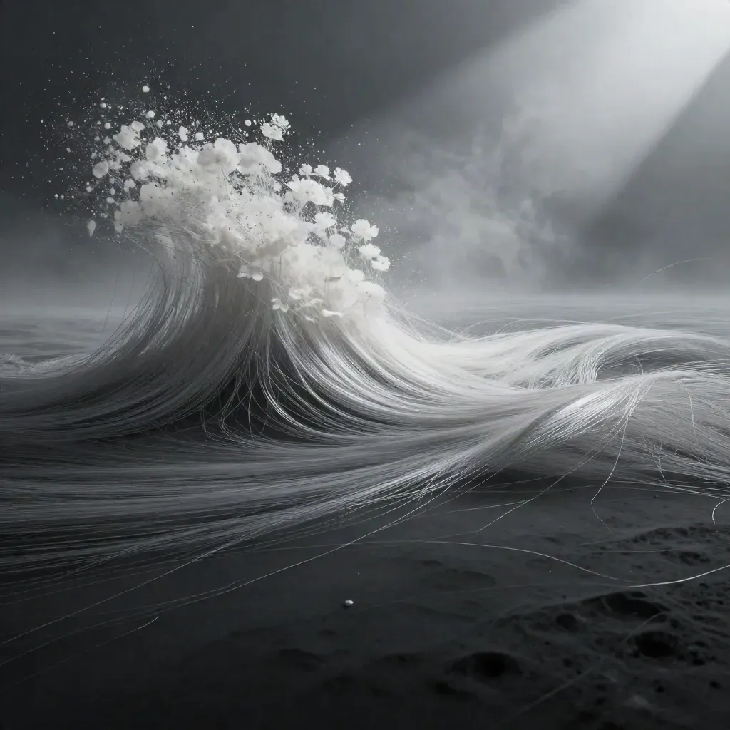 Silver light filaments converge into an off-centre bloom in dark graphite haze.